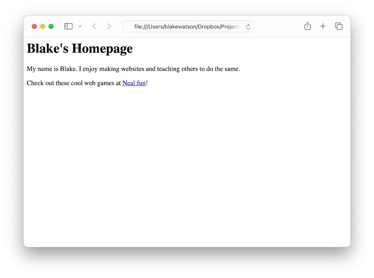 Captura de tela de um navegador mostrando "Blake's Homepage." O texto diz: "My name is Blake. I enjoy making websites and teaching others to do the same. Check out these cool web games at Neal.fun!" A página tem um visual simples, com texto preto em fundo branco, e inclui um link.