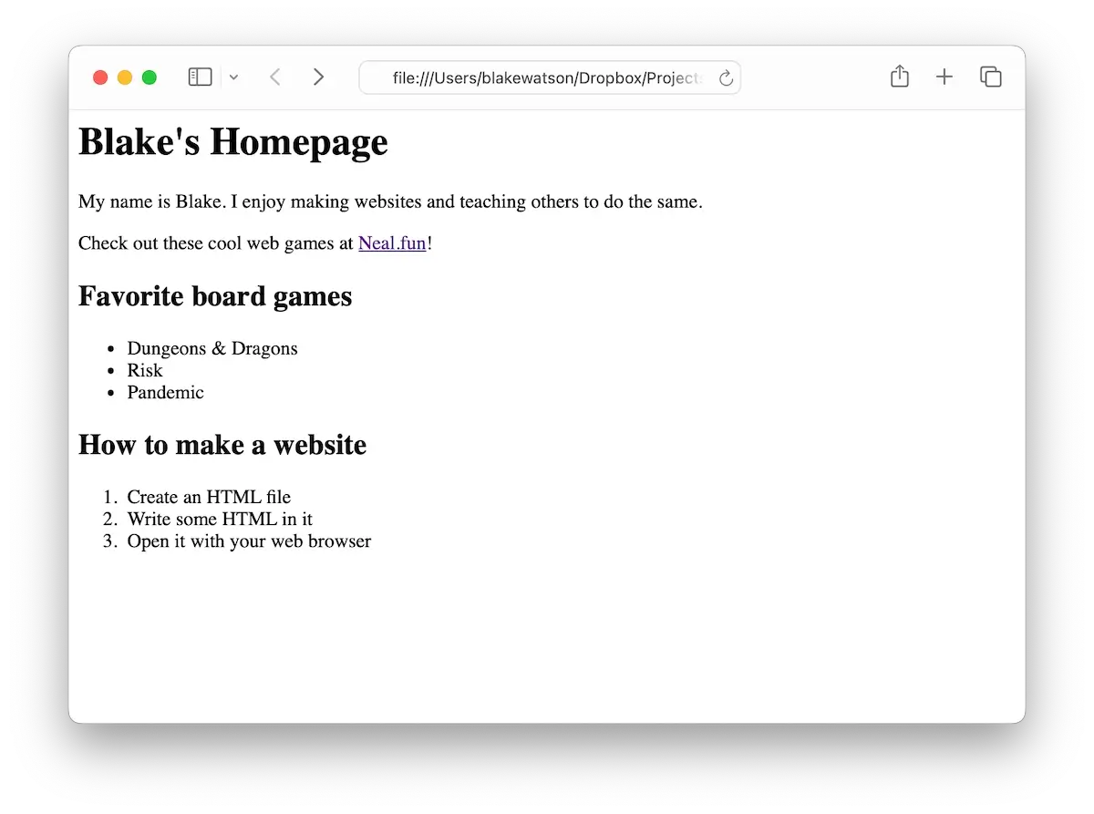 Uma página da web intitulada "Blake's Homepage" é exibida. Ela inclui seções sobre jogos de tabuleiro favoritos (Dungeons & Dragons, Risk, Pandemic) e instruções de como fazer um site: 1. Create an HTML file, 2. Write some HTML in it, 3. Open it with a web browser.