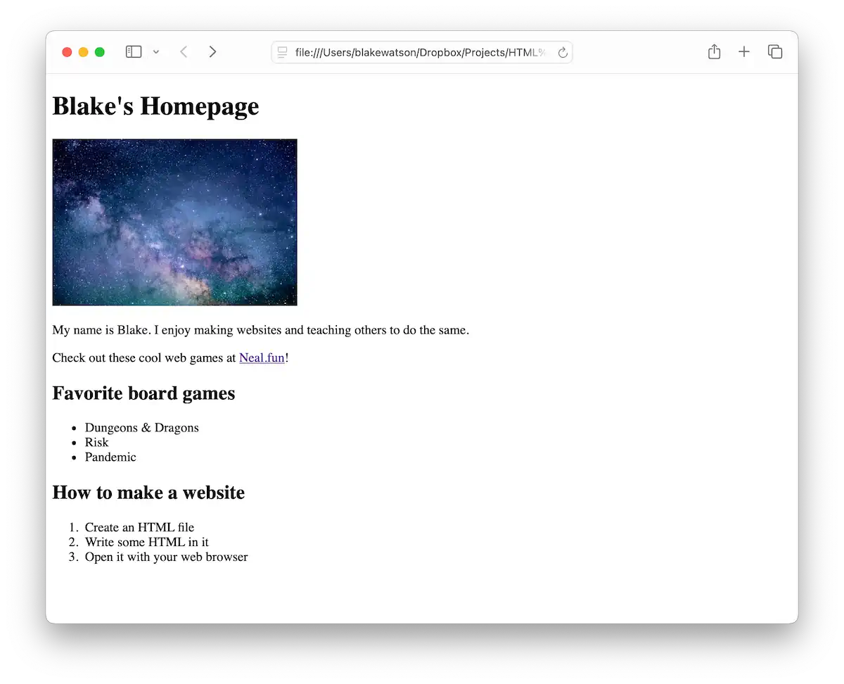 Captura de tela de "Blake's Homepage" com uma imagem de uma galáxia estrelada. A imagem está bem menor do que na captura anterior. O texto diz que Blake gosta de fazer sites e ensinar outras pessoas a fazer o mesmo. Abaixo, há seções de jogos de tabuleiro favoritos e um guia de como fazer um site.