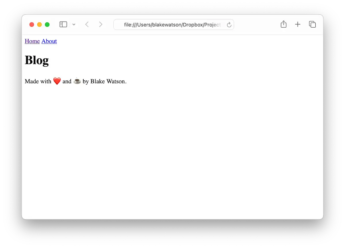 Captura de tela da página “Blog” no site do Blake. A página tem pouco estilo porque as referências de arquivo estão quebradas. O layout é simples e sem estilo, com texto preto comum sobre fundo branco. O cabeçalho tem links para “Home” e “About” em azul e sublinhados, no estilo padrão do navegador. O título principal “Blog” está em negrito e grande, mas a aparência geral não tem o desenho estruturado das páginas anteriores.