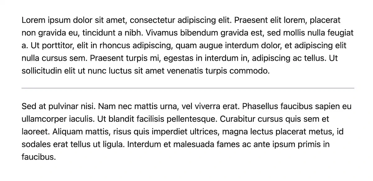 Dois parágrafos de texto de preenchimento renderizados no navegador. Os parágrafos estão separados por uma linha horizontal, o que dá uma divisão visual clara. O texto aparece numa fonte sans-serif padrão, e cada parágrafo tem um espaçamento de linha adequado, o que melhora a leitura.