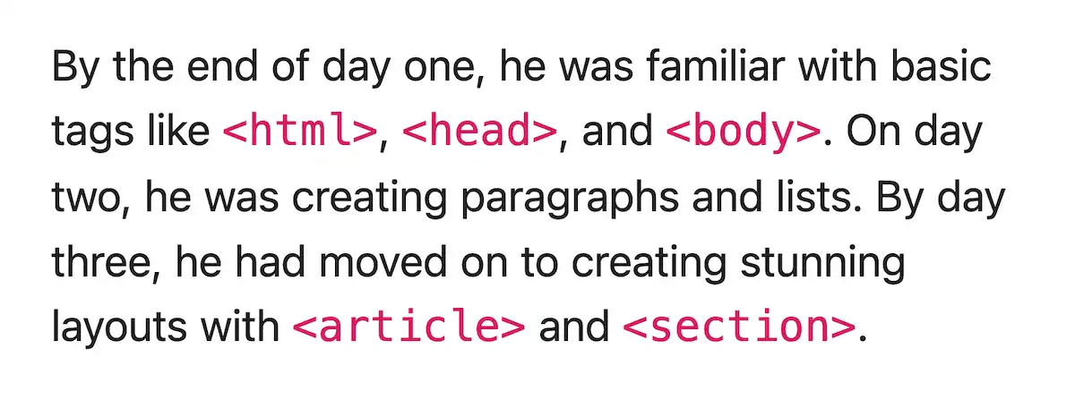 Um parágrafo parecido com o anterior, mas com as tags HTML cercadas por colchetes angulares, o que enfatiza o papel delas como elementos HTML. O texto diz: “By the end of day one, he was familiar with basic tags like , , and .”