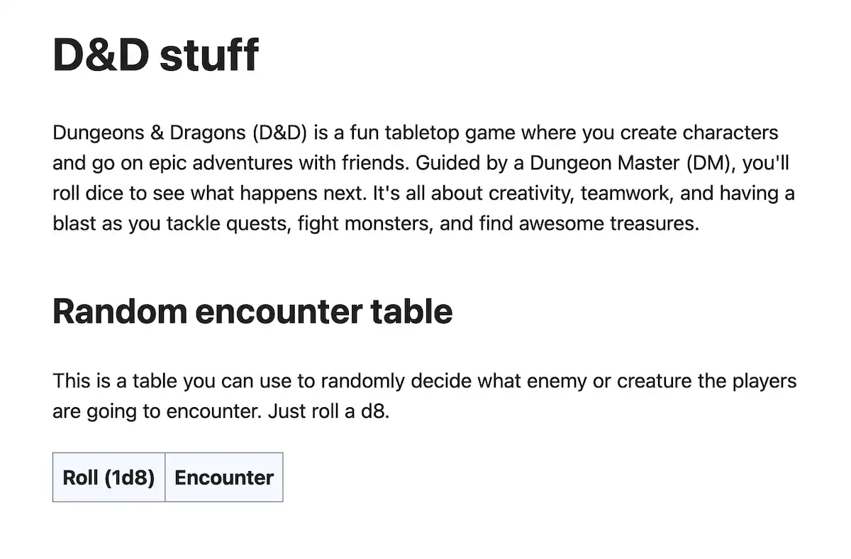 Uma imagem descrevendo Dungeons & Dragons (D&D) como um jogo de mesa divertido, com criação de personagens e aventuras. Há uma seção “Random encounter table” com só os cabeçalhos de uma tabela começada.