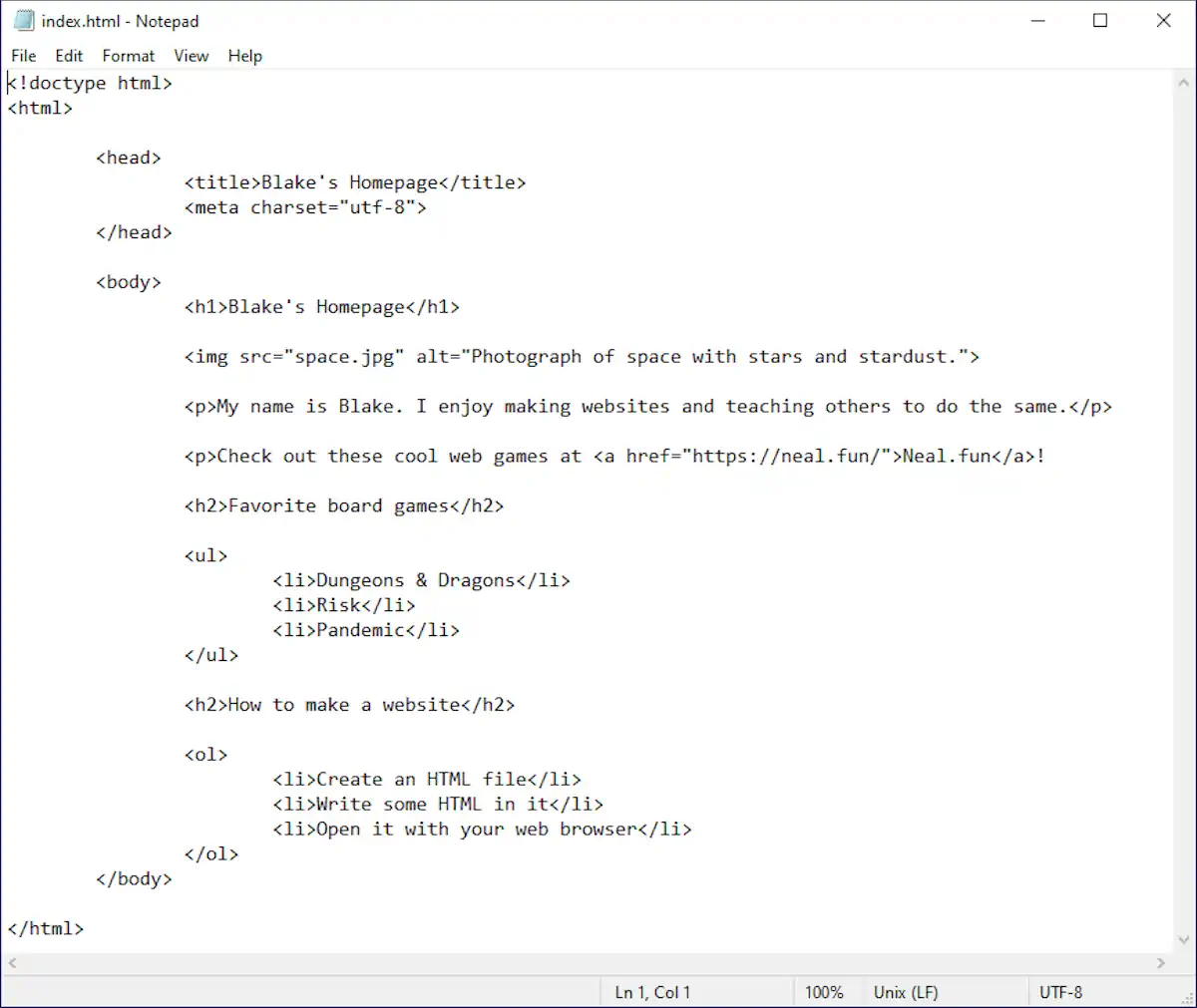 Uma janela do Bloco de Notas mostrando o código HTML de "Blake's Homepage". A página tem um título, uma tag de imagem com a fonte "space.jpg" e o texto alternativo "Photograph of space with stars and stardust", e seções sobre hobbies e o gosto de ensinar, usando vários elementos HTML.