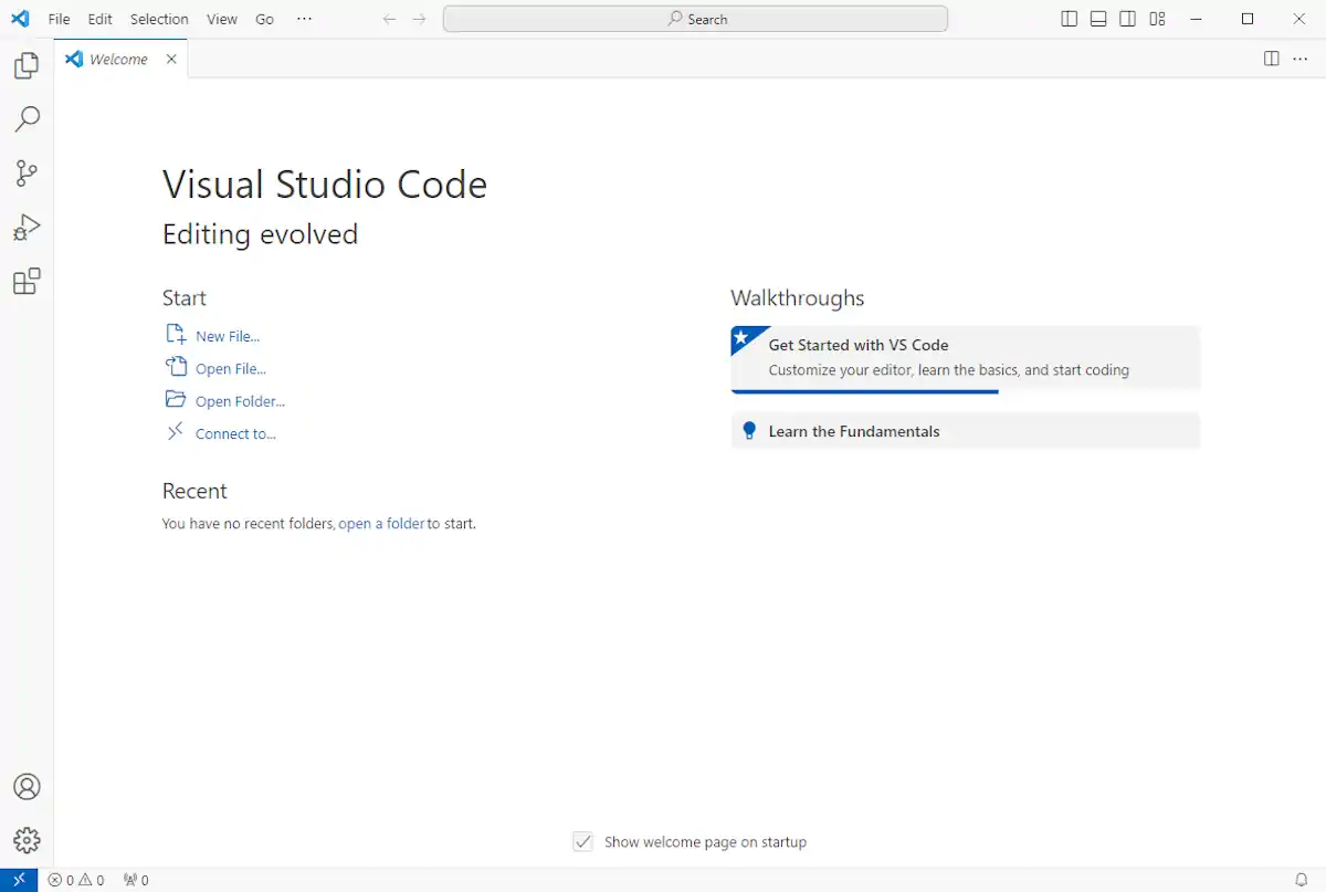 Captura de tela da tela de boas-vindas do Visual Studio Code. A barra lateral inclui opções como "Explorer," "Search," "Source Control," "Run" e "Extensions." A tela principal mostra a opção "Open Folder..." com guias para começar no VS Code e aprender o básico.