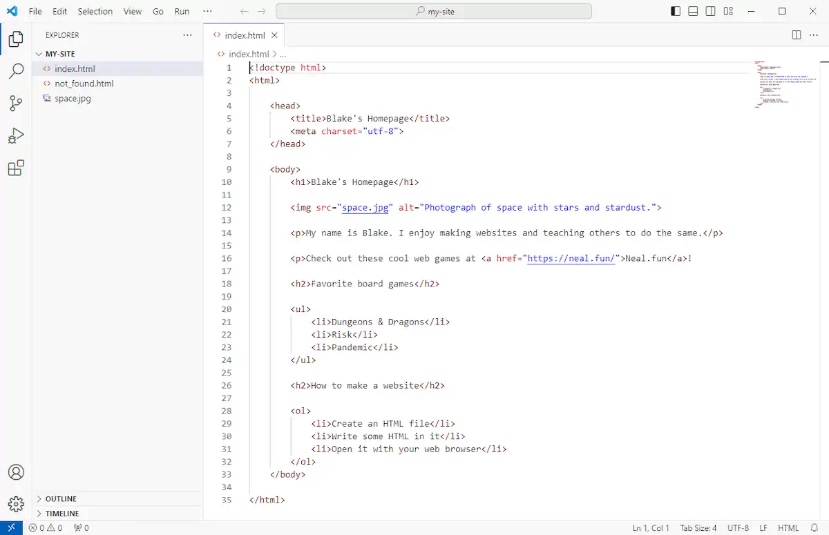 Captura de tela do Visual Studio Code com o código HTML de "Blake's Homepage." A barra lateral esquerda mostra os arquivos do projeto. O editor principal mostra o mesmo código de antes, mas colorido para facilitar a distinção entre as partes.