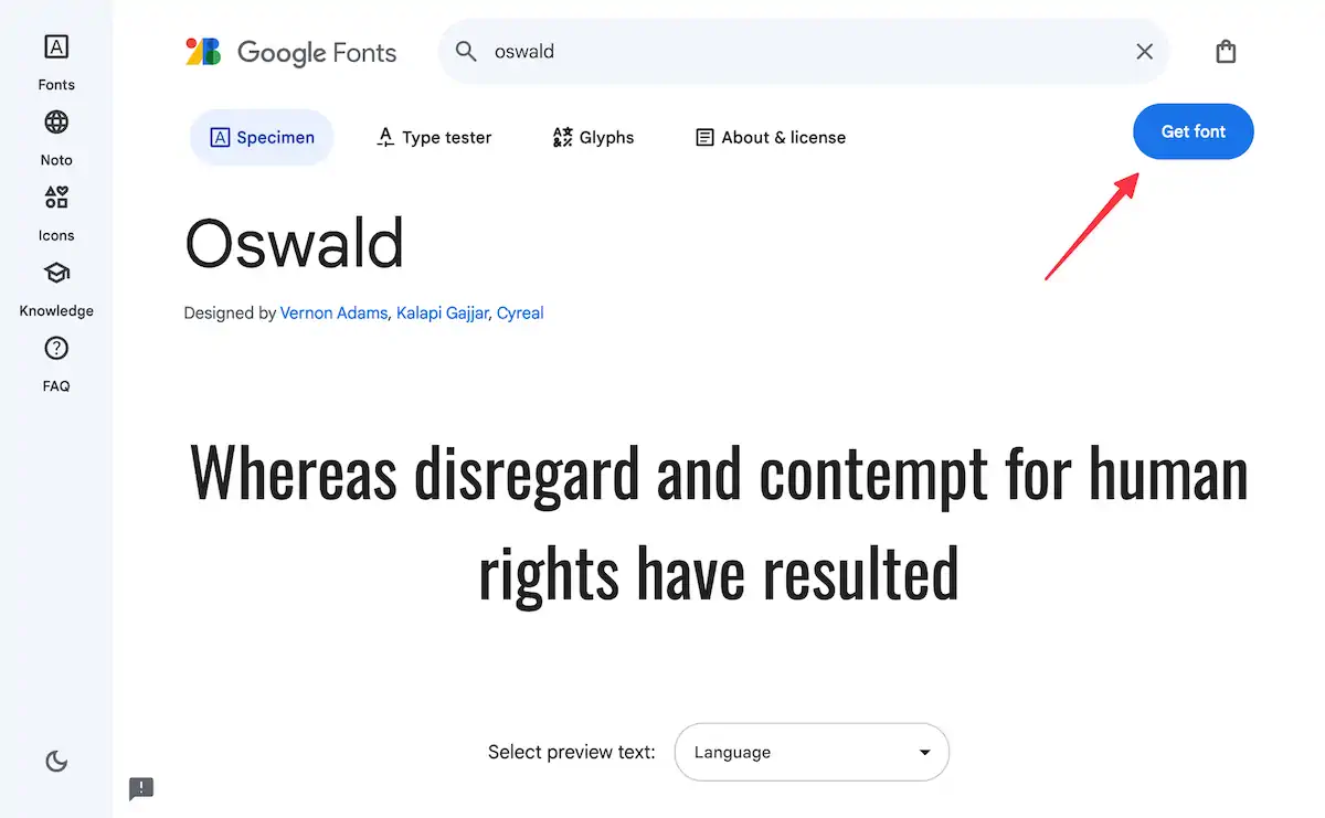 Captura de tela do site Google Fonts mostrando a fonte "Oswald". O botão "Get font" está destacado com uma seta vermelha. O texto de amostra abaixo diz: "Whereas disregard and contempt for human rights have resulted." O menu do site aparece à esquerda.