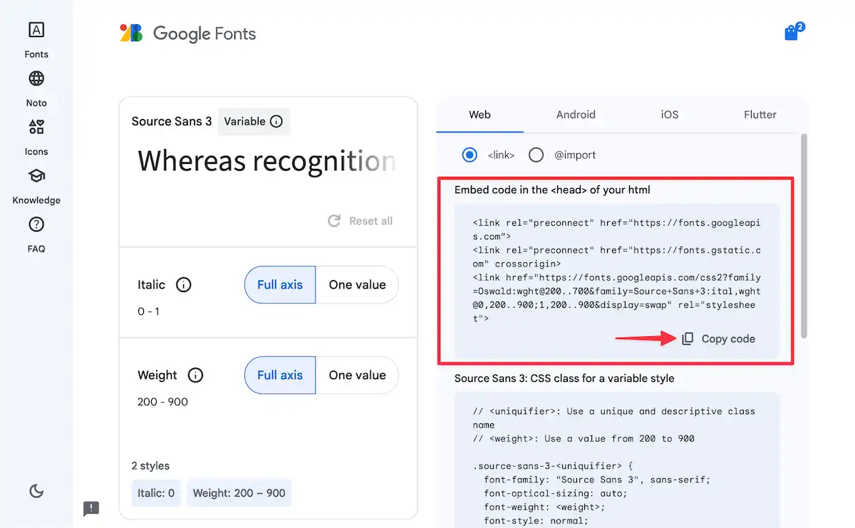 Captura de tela da interface do Google Fonts mostrando os detalhes da fonte "Source Sans 3". Há um botão "Copy code" dentro de uma caixa vermelha destacada, que fornece o código de incorporação para HTML. A interface inclui opções de estilo da fonte e instruções de uso.
