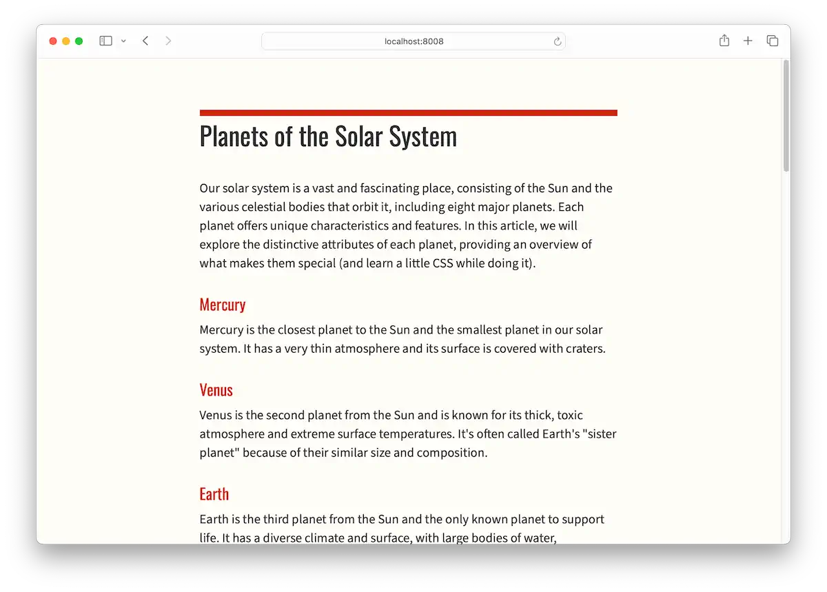 A página intitulada "Planets of the Solar System" recebeu uma atualização de design. A fonte foi mudada, e as cores da fonte foram atualizadas. O fundo foi renovado para combinar com essas mudanças. O cabeçalho agora tem uma borda no topo. A página parece mais polida e desenhada.