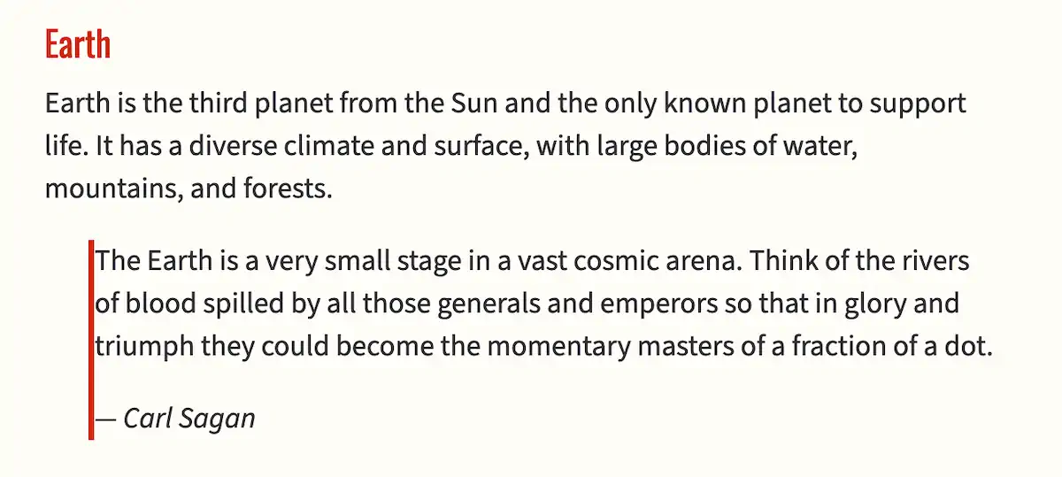 Imagem com texto que descreve brevemente a Terra, incluindo uma citação em bloco mal estilizada de Carl Sagan, em que a borda esquerda encosta no texto.