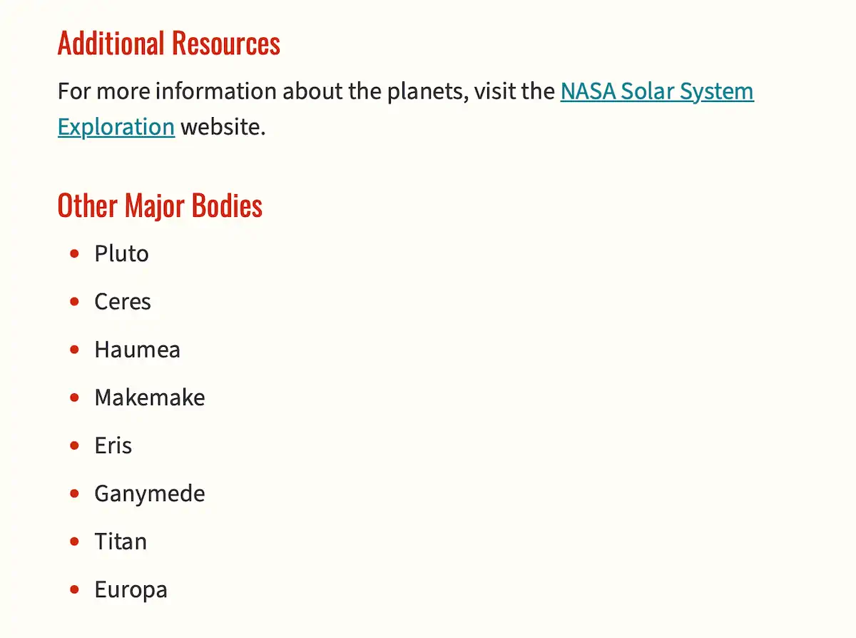 Captura de tela da lista com marcadores intitulada "Other Major Bodies", com entradas para Pluto, Ceres, Haumea, Makemake, Eris, Ganymede, Titan e Europa. Há mais espaço entre os itens, o que facilita a leitura. Os marcadores estão vermelhos, enquanto o texto está na mesma cor escura.