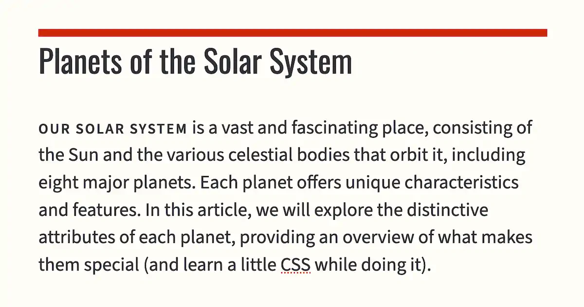 Captura de tela do título Planets of the Solar System. O texto abaixo descreve o sistema solar. O tamanho do texto foi aumentado, e a primeira frase do parágrafo foi renderizada em versalete.