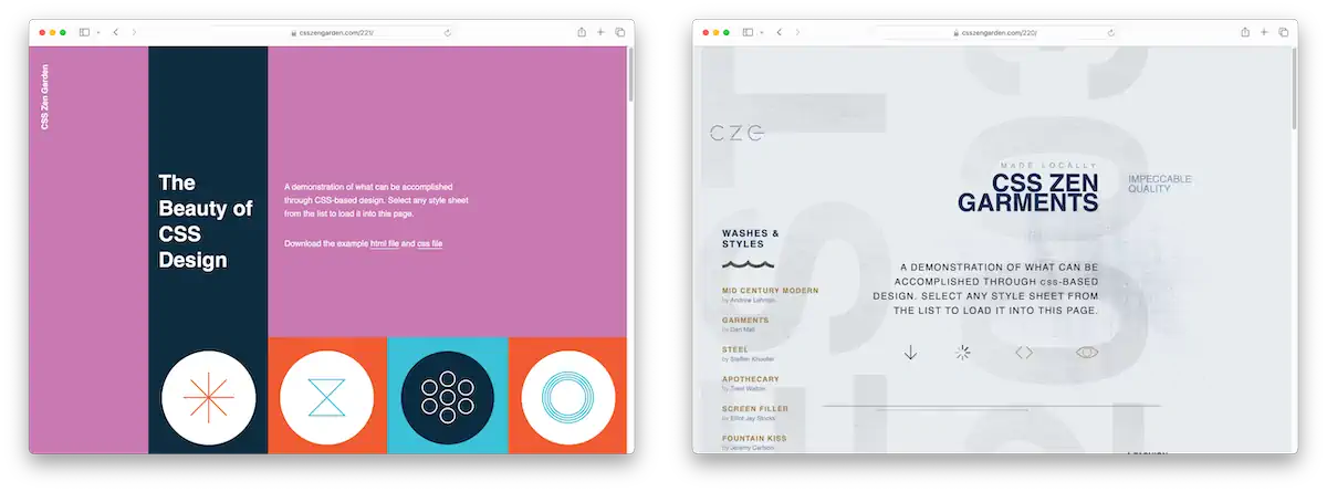 Captura de tela de duas páginas do projeto CSS Zen Garden. A página da esquerda tem um design colorido e vibrante, com uma paleta rosa, roxa e laranja. A da direita tem um design minimalista e limpo, com fundo cinza-claro e texto azul. As duas mostram o que o CSS consegue fazer no design.