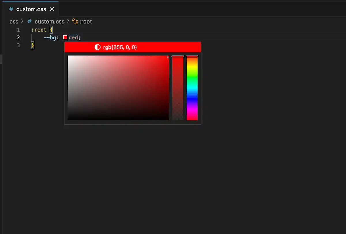 Numa janela do Visual Studio Code, um arquivo CSS chamado "custom.css" está aberto. O editor mostra uma ferramenta de seletor de cores ao lado do código que define a cor de fundo com a propriedade . O seletor exibe vários tons de vermelho, junto com os valores RGB, para facilitar a escolha e o ajuste.