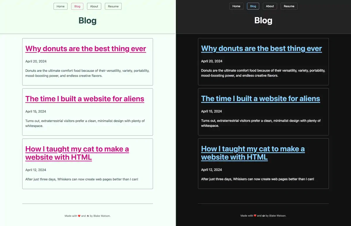 Uma imagem em tela dividida mostra duas versões de uma página de blog: à esquerda, a página usa um tema claro personalizado, com rosas vibrantes e verdes pálidos. À direita, usa um tema escuro personalizado, com azul como cor de destaque para links e botões. As duas versões apresentam o mesmo conteúdo da listagem do blog. O uso de cores personalizadas aqui marca uma saída dos temas claro e escuro padrão usados antes.