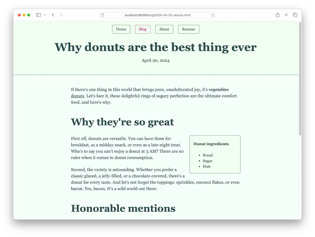 Captura de tela de um post de blog intitulado "Why donuts are the best thing ever", datado de 20 de abril de 2024. Ele usa o tema claro personalizado de antes. O texto está numa fonte serifada, e não na sans-serif padrão.