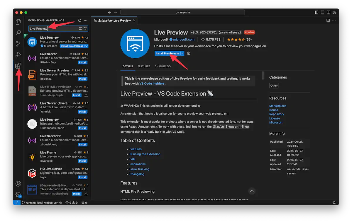 Captura de tela da loja de extensões do Visual Studio Code na página da extensão “Live Preview”. A extensão é da Microsoft e mostra descrição, avaliações, instruções de uso e o botão de instalação.
