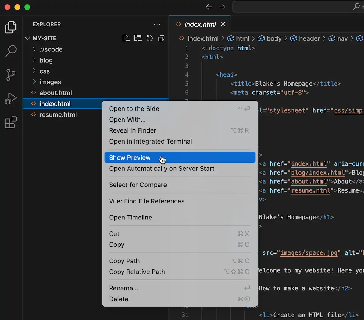 Uma janela do VS Code mostra código HTML. O arquivo “index.html” está selecionado na barra lateral esquerda. Um menu de contexto sobre o index.html está aberto, com a opção “Show Preview” destacada.