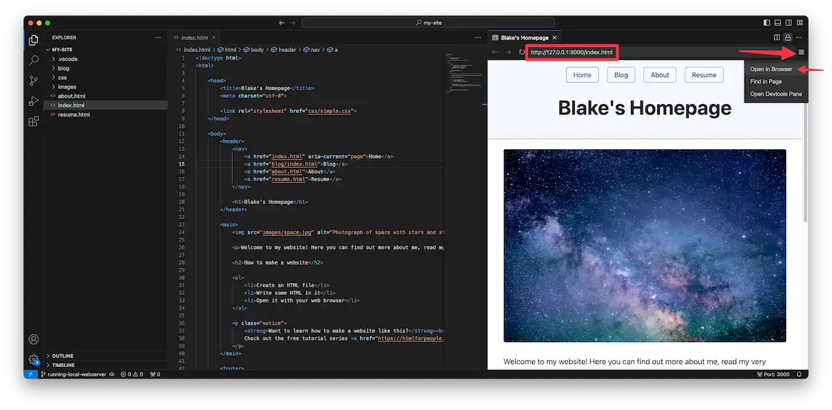 Captura de tela de uma janela do VS Code. À esquerda, o código HTML de uma página pessoal. À direita, a prévia da página mostra “Blake's Homepage”, com botões de navegação e uma imagem de um céu estrelado. A URL aparece destacada numa barra de navegação.