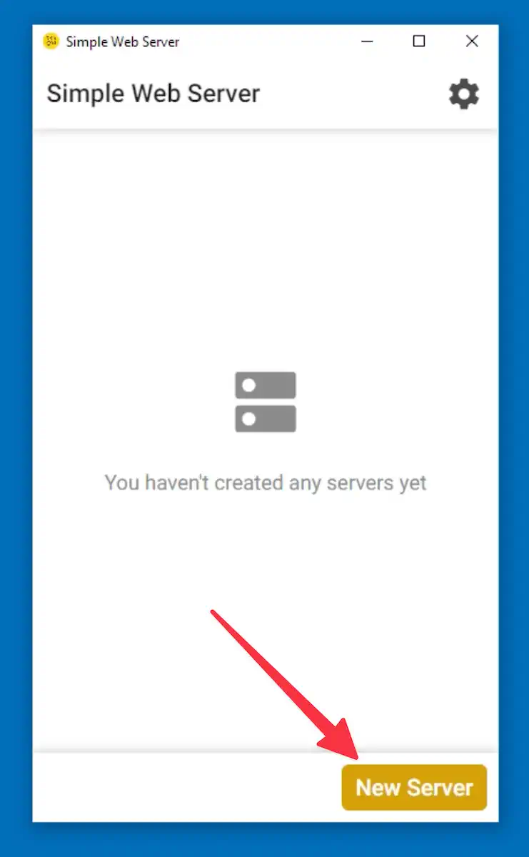 Captura de tela do aplicativo Simple Web Server. No centro aparece a mensagem “You haven't created any servers yet”, com um ícone de servidor acima. No canto inferior direito, um botão amarelo com o texto “New Server”, destacado por uma seta vermelha.