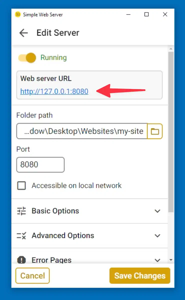 Uma janela do Simple Web Server chamada “Edit Server” mostra as opções de um servidor web em execução. A URL destacada é “http://127.0.0.1:8080” e parece clicável. Há campos para o caminho da pasta, a porta (8080) e uma caixa para acesso na rede local. Embaixo ficam os botões de cancelar e salvar.